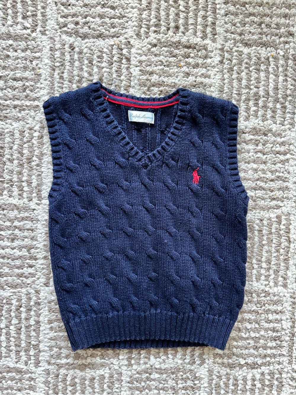 Baby Ralph Lauren Cotton Navy Cable Knit V-Neck Sweater Vest Red Pony Preppy